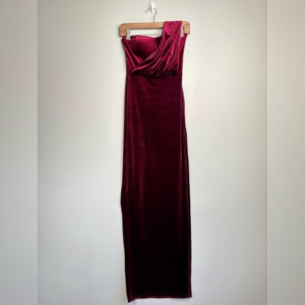 Fashion Nova Velvet One Shoulder Wine Dress